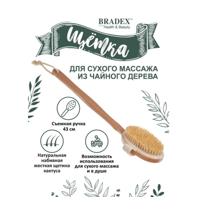 Щетка для сухого массажа из чайного дерева с щетиной кактуса "Bradex" Арт. KZ0950 