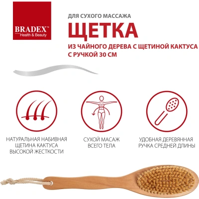Щетка (с ручкой 30см) для сухого массажа из чайного дерева с щетиной кактуса "Bradex" Арт. KZ1064